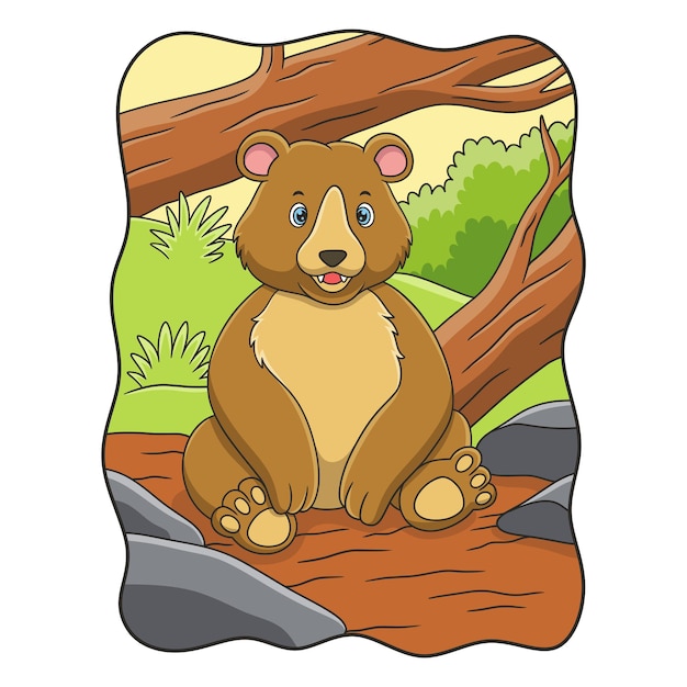 Ilustracja Kreskówka Niedźwiedź Siedzi Pod Pniem Dużego Zwalonego Drzewa Pośrodku Lasu