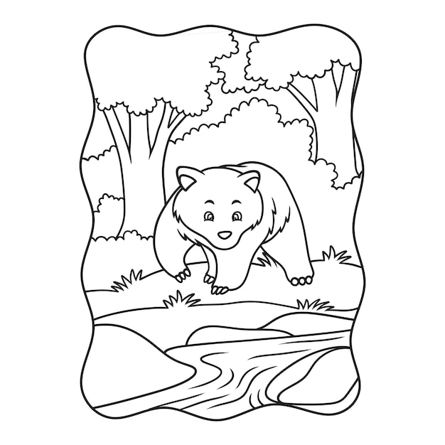 Ilustracja Kreskówka Niedźwiedź Spaceruje Po Lesie Nad Rzeką, Szukając Czarno-białej Książki Z Jedzeniem Lub Strony Dla Dzieci