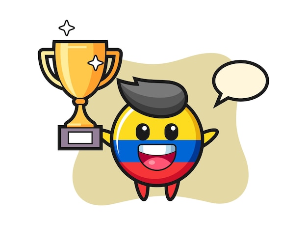 Ilustracja Kreskówka Odznaka Flaga Kolumbii Jest Szczęśliwy, Trzymając Złote Trofeum