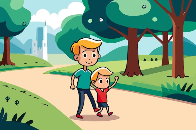 Ilustracja kreskówka ojca i syna spaceru w parku.