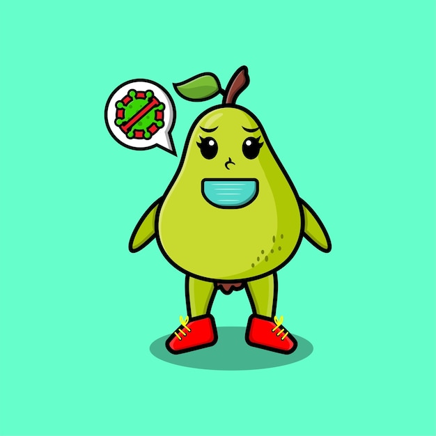 Ilustracja kreskówka owoce gruszki za pomocą maski, aby zapobiec wirusowi korony w uroczym nowoczesnym stylu