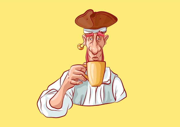 Ilustracja Kreskówka Pirat Maskotka Picia Herbaty Lub Kawy