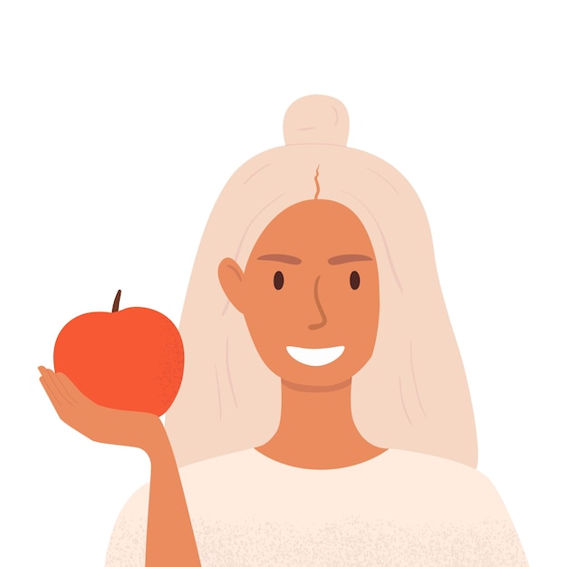 Plik wektorowy ilustracja kreskówka płaski wektor kobiety trzymającej jabłko w ręku.