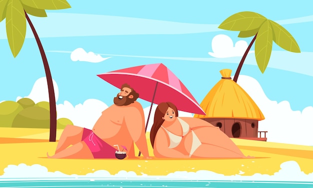 Ilustracja kreskówka pozytywne ciało ze szczęśliwym pucołowatym mężczyzną i kobietą leżącą pod parasolem na plaży