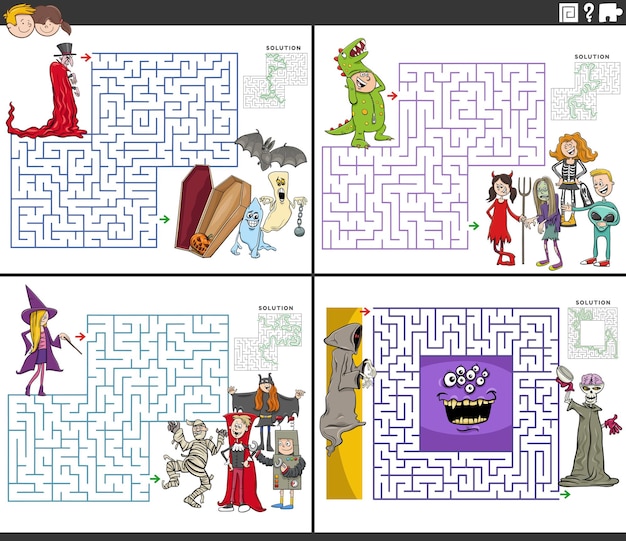 Ilustracja kreskówka przedstawiająca edukacyjne puzzle labiryntu z dziećmi i postaciami fantasy