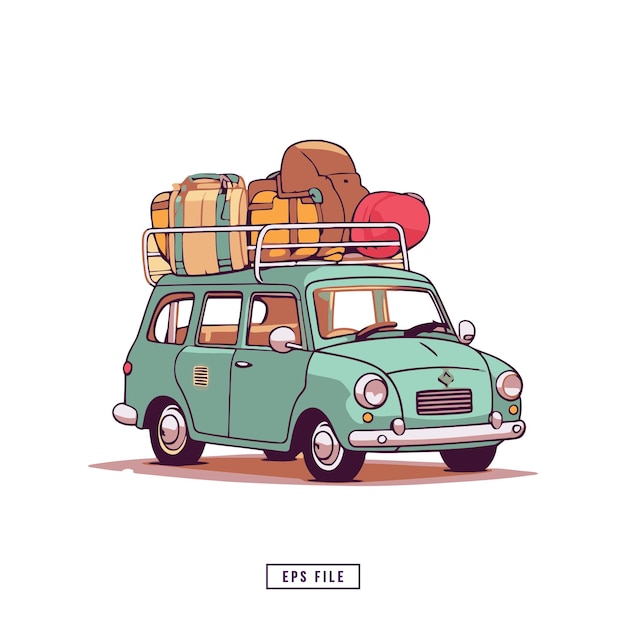 Plik wektorowy ilustracja kreskówka przedstawiająca niebieski mini samochód z dużą ilością bagażu na wierzchu.