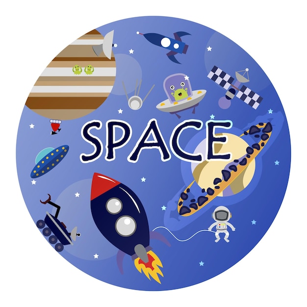 Ilustracja Kreskówka Przestrzeń Z Rakietą Astronauta Planety I Kosmici Jasne Słodkie Dzieci S Wektor