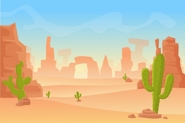 Ilustracja Kreskówka Pustyni W Zachodnim Teksasie Lub Meksyku. Dziki Zachód Ameryka Zachodnia Scena Z Górami I Kaktusami W Suchej Pustyni.