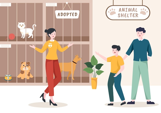 Ilustracja kreskówka schronisko dla zwierząt ze zwierzętami w klatkach i wolontariuszami karmiącymi zwierzęta do adopcji