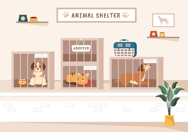 Ilustracja kreskówka schronisko dla zwierząt ze zwierzętami w klatkach i wolontariuszami karmiącymi zwierzęta do adopcji