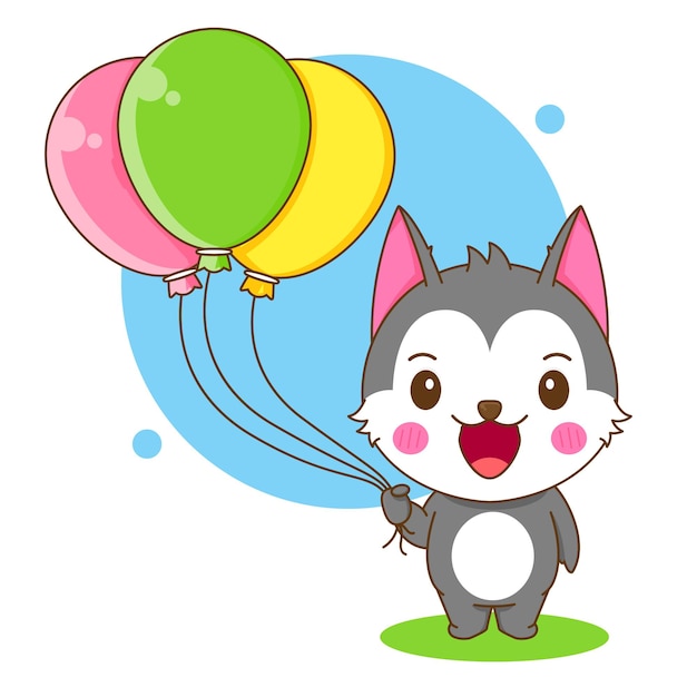 Ilustracja Kreskówka Słodkiej Postaci Husky Trzymającej Kolorowe Balony