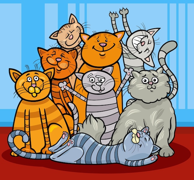 Ilustracja Kreskówka śmieszne Koty I Kocięta Grupa Znaków Zwierząt