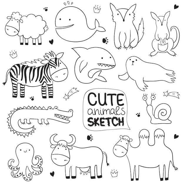 Ilustracja kreskówka szkic wektor z cute doodle zwierząt