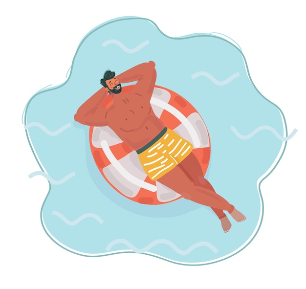 Ilustracja kreskówka wektor człowieka spoczywającego na pływającym czerwonym gumowym pierścieniu na wodzie basenu Letni odpoczynek Wakacje nad morzem