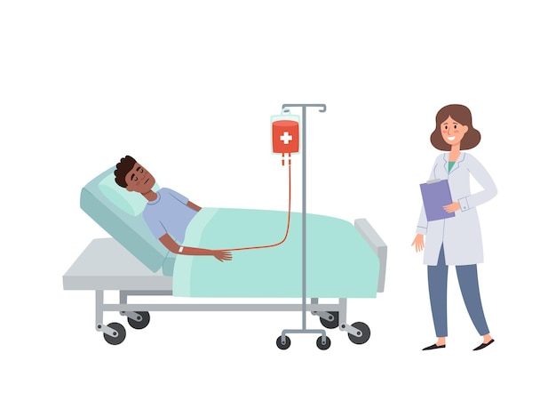 Ilustracja kreskówka wektor leżącego pacjenta z kroplówką krwi i pielęgniarki w szpitalu na białym tle. Koncepcja opieki zdrowotnej afrykańskiego pacjenta podczas procedury transfuzji krwi