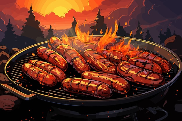 Plik wektorowy ilustracja kreskówka wektor sizzling hot dog kreskówki na grillu podczas słonecznego gotowania