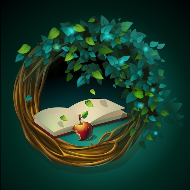 Plik wektorowy ilustracja kreskówka wieniec winorośli i liści z książką i jabłkiem na zielonym tle