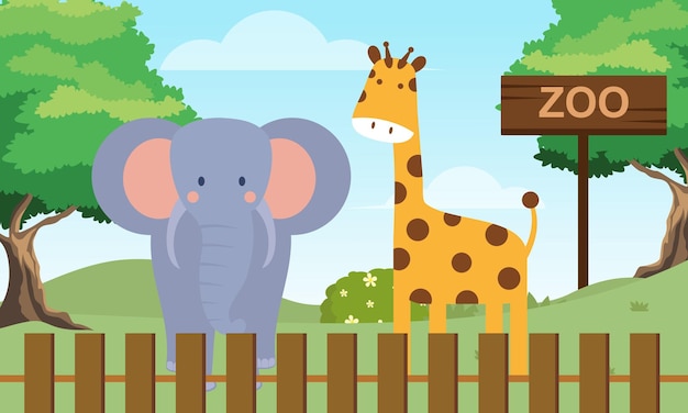 Ilustracja kreskówka zoo ze zwierzętami safari na tle lasu