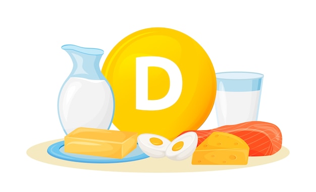Ilustracja kreskówka źródeł żywności witaminy D. Masło, sery produkty pochodzenia zwierzęcego. Jajka, mleko, ryby zdrowa dieta kolor obiektu. Zdrowe odżywianie na białym tle