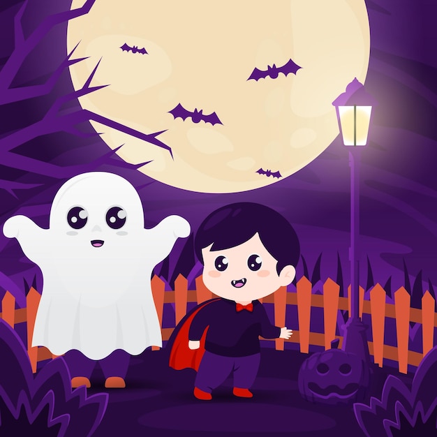 ilustracja kreskówki chłopca w kostiumie halloween z duchem z przodu