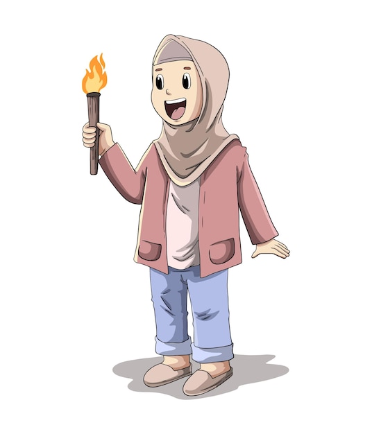 Plik wektorowy ilustracja kreskówki dziewczyny niosącej pochodnię w noc ramadanu
