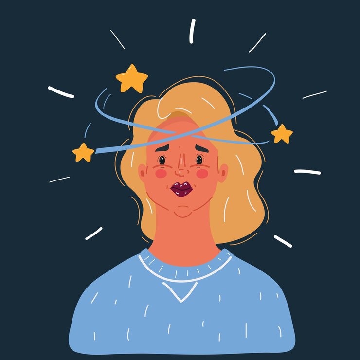 Ilustracja kreskówki kobiety miała zawroty głowy na ciemnym tle