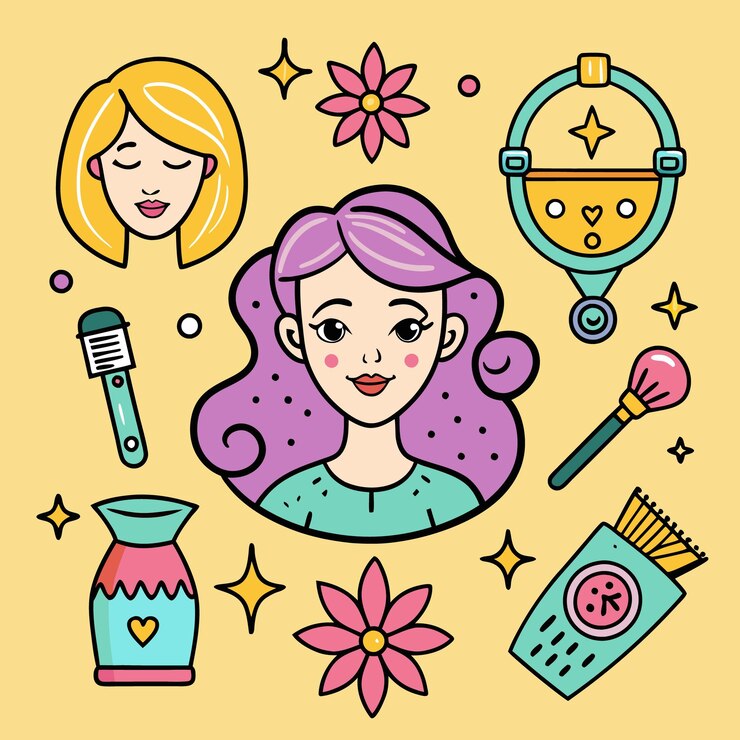 Ilustracja kreskówki kobiety z fioletowymi włosami otoczonej produktami kosmetycznymi