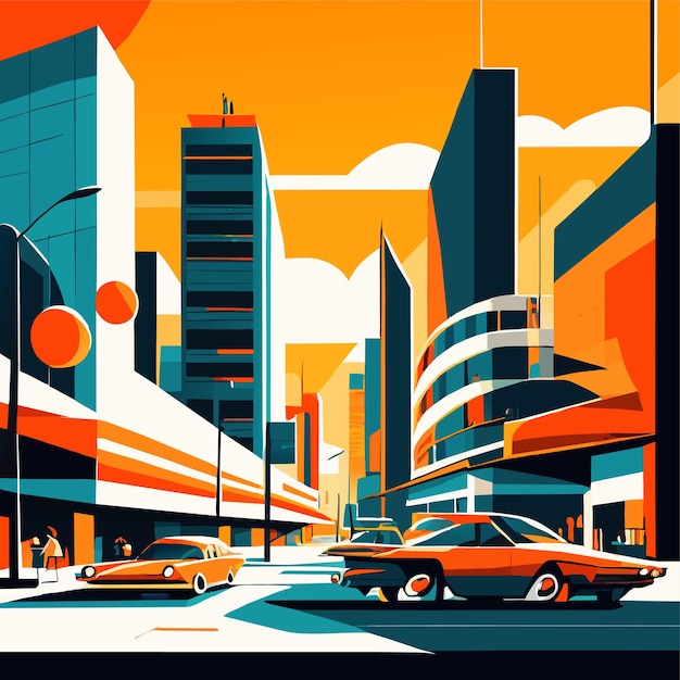Plik wektorowy ilustracja kreskówki krajobrazu miejskiego z dużymi nowoczesnymi budynkami i samochodami