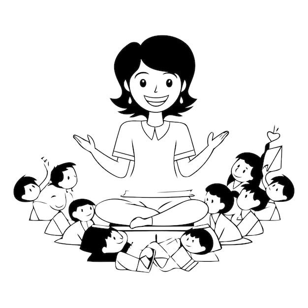 Plik wektorowy ilustracja kreskówki nauczyciela siedzącego w pozycji lotosu z dziećmi wokół