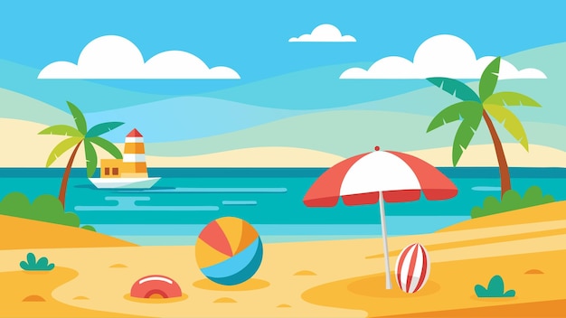 Ilustracja kreskówki plaży z sceną plażową, piłką plażową i latarnią morską