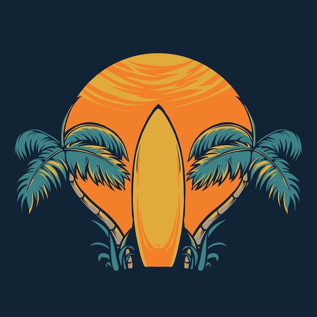 ilustracja kreskówki tropikalnej plaży z drzewami palmowymi i deską do surfowania