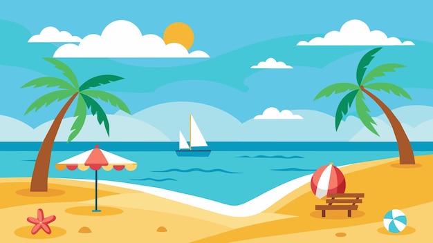 Ilustracja kreskówki z sceną na plaży z krzesłem plażowym i palmami