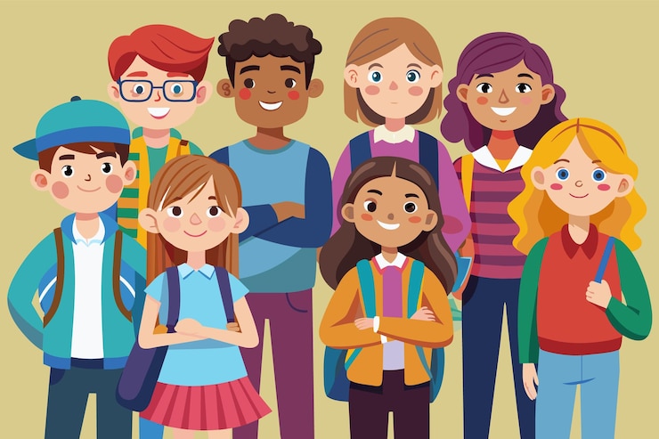 Wektor ilustracja kreskówkowa przedstawiająca grupę różnorodnych studentów stojących razem i uśmiechających się wszyscy noszą plecaki i zwykłe ubrania
