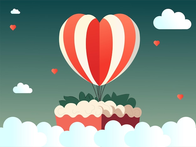 Ilustracja Kształtu Serca Balony Na Ogrzane Powietrze Chmury Na Zielonym I Białym Backgorund I Kopiować Przestrzeń Miłość Lub Koncepcja Walentynki