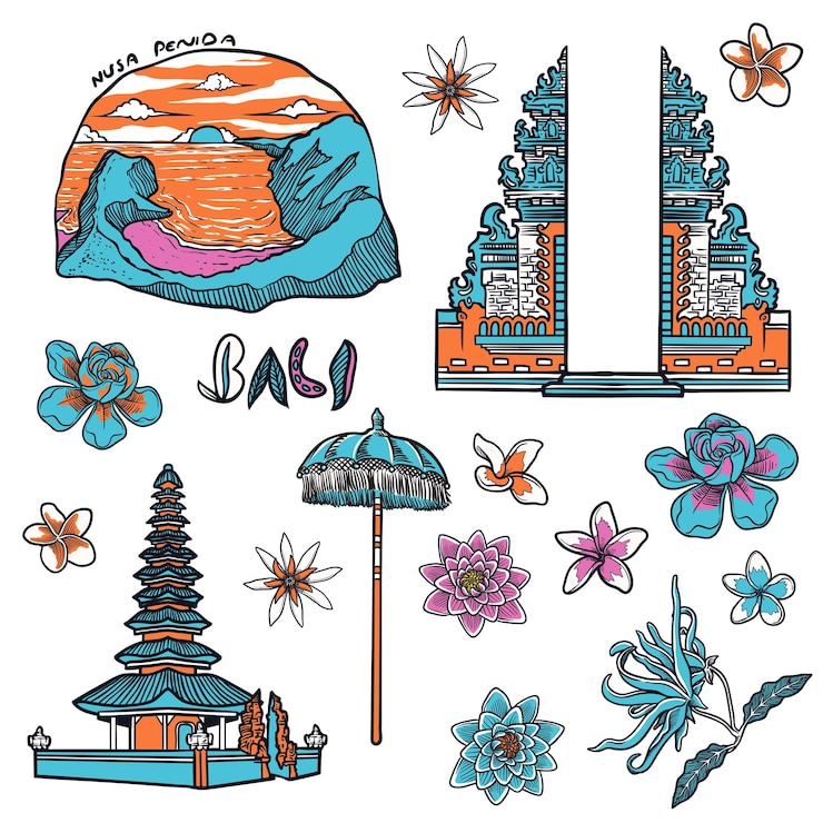 Wektor ilustracja kwiatu i świątyni balijskiej z elementów wyspy bali w indonezji