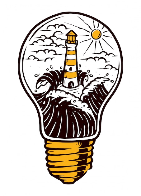 Ilustracja latarni morskiej i lampy