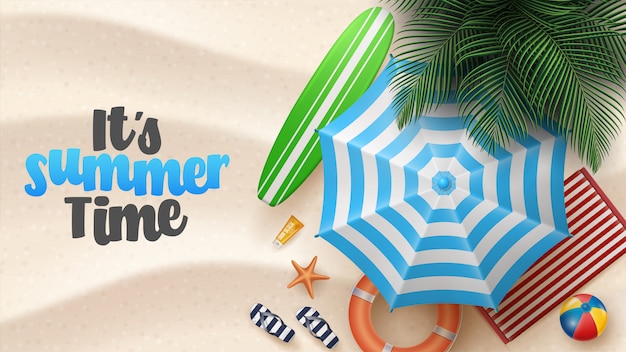 Ilustracja lato wakacje wektor z piłka plażowa, liście palmowe, deska surfingowa i list typografii na piaski plażowe.