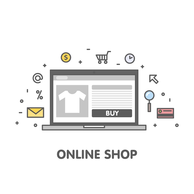 Ilustracja linia koncepcja sklepu internetowego. Laptop z ekranem strony internetowej i wektor ikona liniowej.