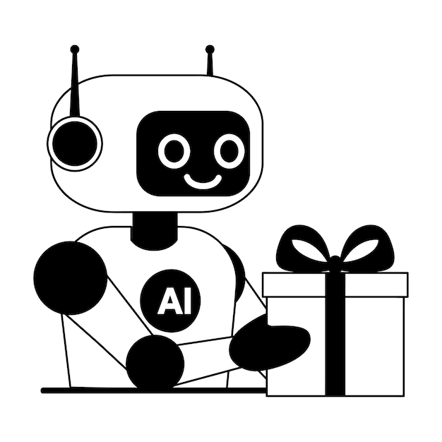 Ilustracja linii chat bot robot z darem izolowany białe tło pomoc wakacyjna pomoc