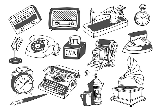 ilustracja liniowa kolekcja sprzętu vintage