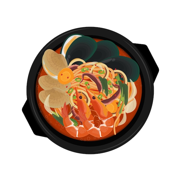 Ilustracja Logo Clipart Top View Jjampong Spicy Seafood Noodle Soup