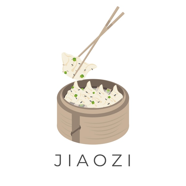 Ilustracja Logo Przedstawiająca Pierożki Gyoza Jiaozi Na Bambusowym Parowniku