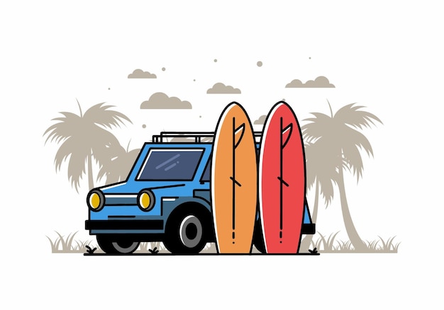 Ilustracja Małego Samochodu I Dwóch Desek Surfingowych