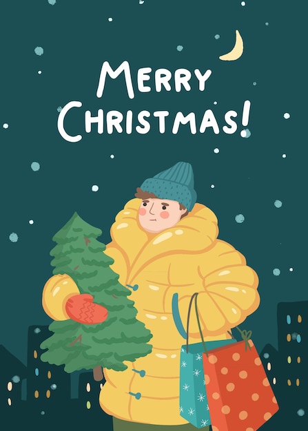 Plik wektorowy ilustracja merry christmas man z choinką i prezentami