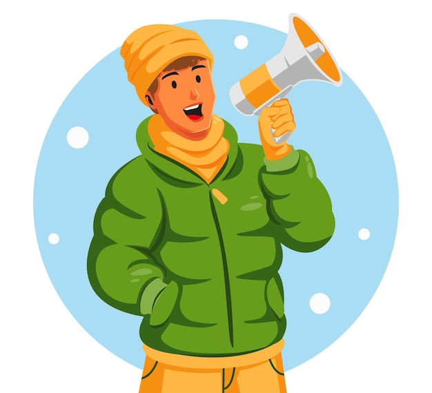 Plik wektorowy ilustracja mężczyzny w zimowym płaszczu i megafonie