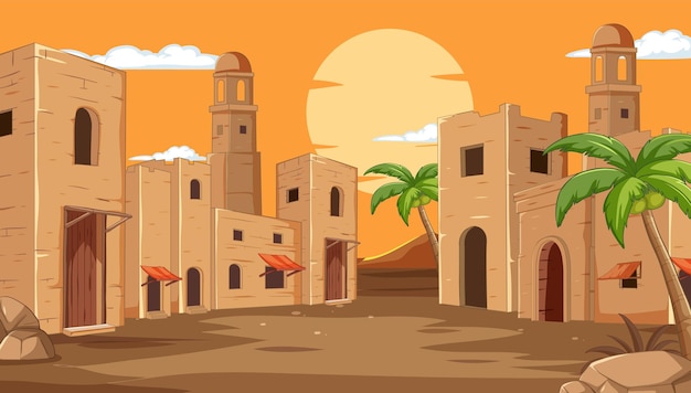 Ilustracja Miasta Na Pustyni Przy Zachodzie Słońca