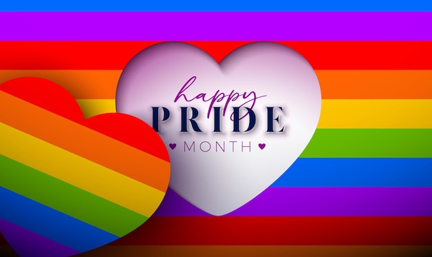 Ilustracja miesiąca dumy LGBTQ z wyciętym symbolem serca na tle flagi tęczowej Miłość jest miłością