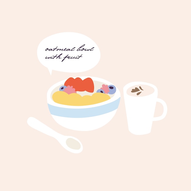 Plik wektorowy ilustracja miska śniadanie płatki owsiane z różnymi owocami i filiżankę kawy. zdrowa dieta wegańska