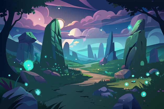 Plik wektorowy ilustracja mistycznej ścieżki leśnej w zmierzchu z wysokimi, szczupłymi formacjami skalnymi i świecącymi kulami światła rozrzuconymi po ziemi pod niebem w różowych i fioletowych odcieniach