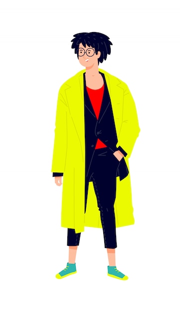 Ilustracja młodego mężczyzny w jasnej żółtej pelerynie. Stylowy hipster w garniturze.